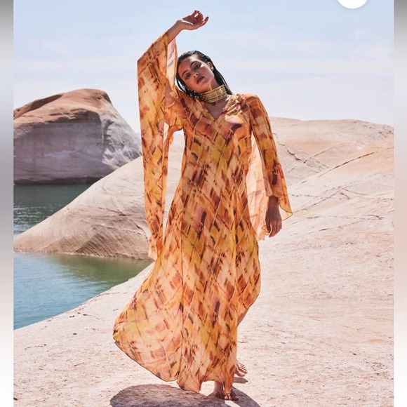 cult gaia shira asymmetrical draped wide dramatic sleeves maxi gown summer dress - Picture 1 of 10